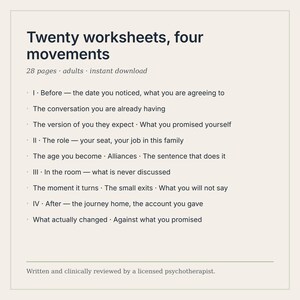 May include: A digital document titled Twenty worksheets, four movements, containing 28 pages for adults. The text outlines four sections: Before, The role, In the room, and After, with sub-topics like The conversation, Alliances, and The small exits.
