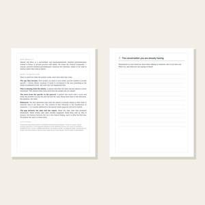 May include: Two white pages from a clinical workbook. The left page contains text titled Who Wrote It and What to Watch For. The right page features the heading 3 The conversation you are already having, followed by a prompt and lined writing space.