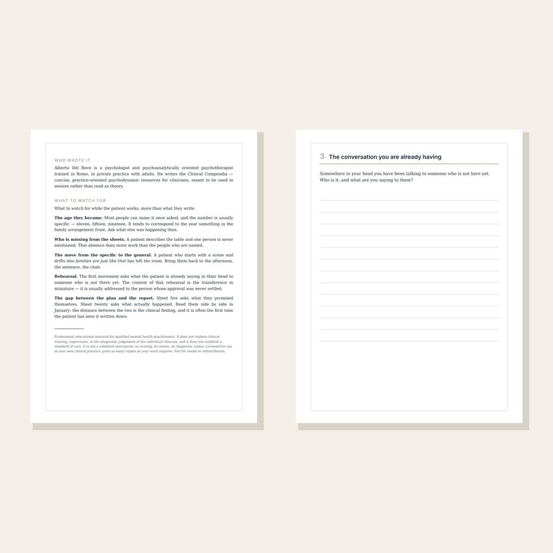 May include: Two white pages from a clinical workbook. The left page contains text titled Who Wrote It and What to Watch For. The right page features the heading 3 The conversation you are already having, followed by a prompt and lined writing space.