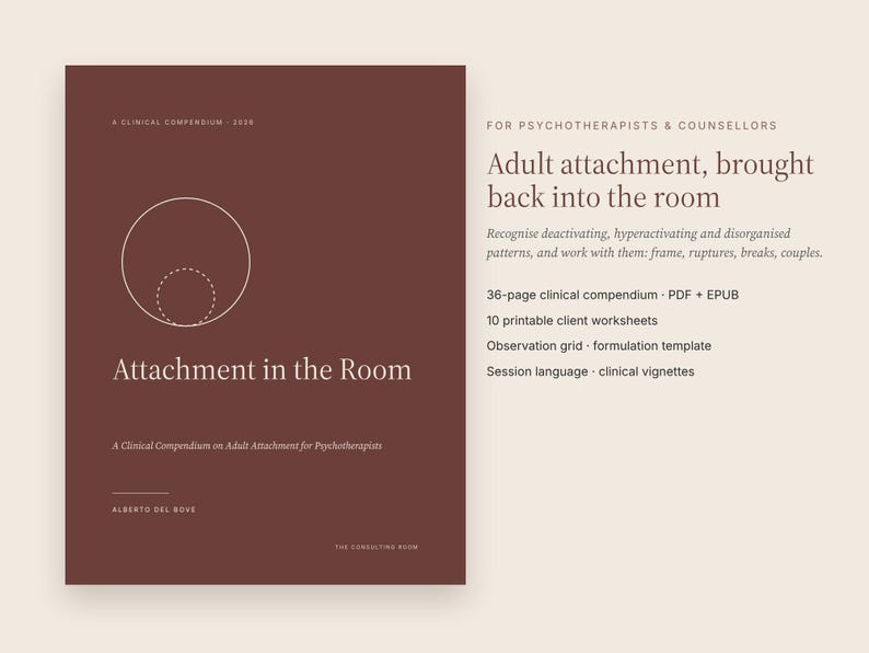 Puede incluir: Un compendio cl&iacute;nico de color marr&oacute;n oscuro titulado Attachment in the Room de Alberto Del Bove. La portada presenta un dibujo lineal blanco de dos c&iacute;rculos y texto que detalla un PDF y EPUB de 36 p&aacute;ginas para psicoterapeutas.