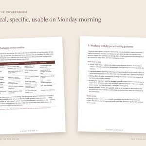 May include: Two pages from a book titled Attachment in the Room. The left page features a table titled 5. Patterns in the session. The right page is titled 9. Working with hyperactivating patterns, containing bulleted text and clinical advice.