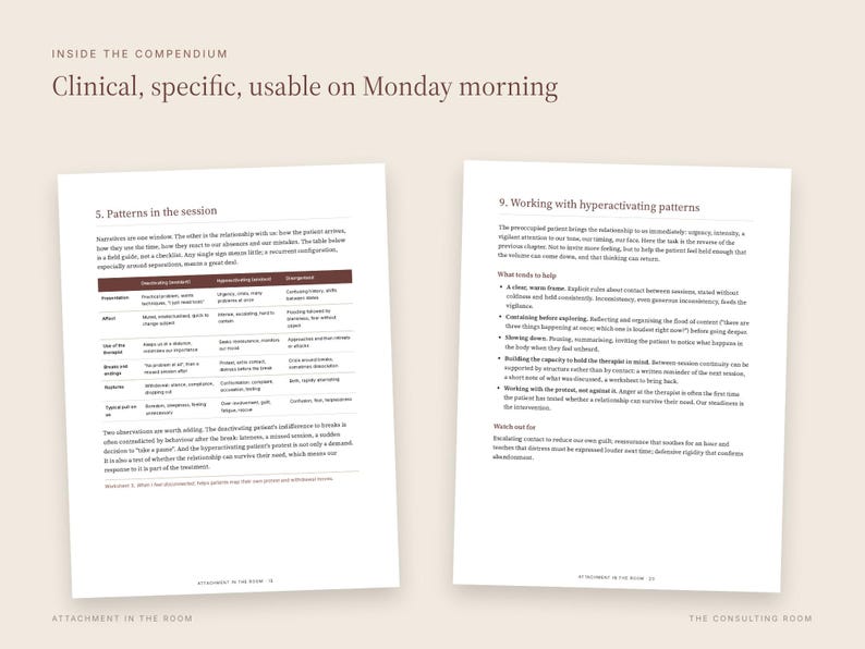 May include: Two pages from a book titled Attachment in the Room. The left page features a table titled 5. Patterns in the session. The right page is titled 9. Working with hyperactivating patterns, containing bulleted text and clinical advice.