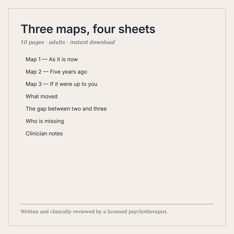 May include: A document titled Three maps, four sheets, containing 10 pages for adults. It lists Map 1&mdash;As it is now, Map 2&mdash;Five years ago, Map 3&mdash;If it were up to you, What moved, The gap between two and three, Who is missing, and Clinician notes.