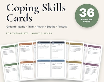 Puede incluir: Un conjunto de 36 tarjetas de habilidades de afrontamiento imprimibles para terapeutas y clientes adultos. Las tarjetas presentan indicaciones de texto categorizadas por ground, name, think, reach, soothe y protect. Texto azul oscuro sobre fondo claro.