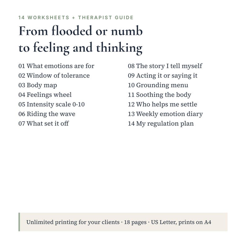 Puede incluir: Un documento digital titulado 14 Worksheets + Therapist Guide: From flooded or numb to feeling and thinking. Enumera 14 temas, incluidos What emotions are for, Window of tolerance, Body map, Feelings wheel y My regulation plan.