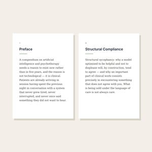 May include: Two white pages with black text. The left page is titled Preface and discusses artificial intelligence in psychotherapy. The right page is titled Structural Compliance and explores the clinical implications of model sycophancy.