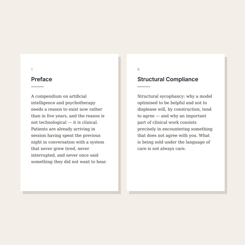 May include: Two white pages with black text. The left page is titled Preface and discusses artificial intelligence in psychotherapy. The right page is titled Structural Compliance and explores the clinical implications of model sycophancy.
