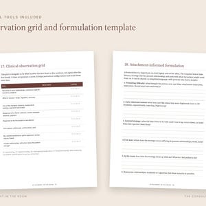 May include: Two white pages titled Clinical Tools Included, Observation grid and formulation template. The left page features a clinical observation grid table, while the right page contains an attachment-informed formulation list.