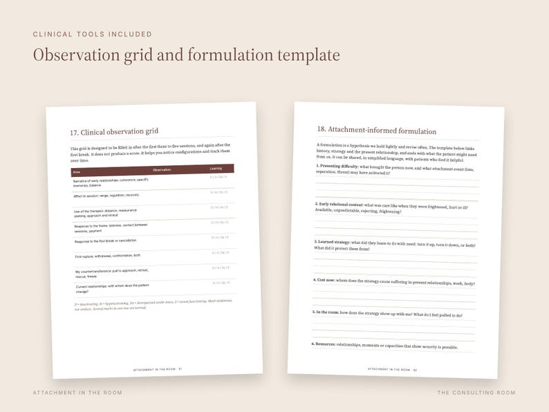 May include: Two white pages titled Clinical Tools Included, Observation grid and formulation template. The left page features a clinical observation grid table, while the right page contains an attachment-informed formulation list.