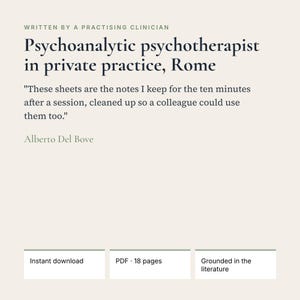 May include: A digital document titled Psychoanalytic psychotherapist in private practice, Rome, written by Alberto Del Bove. It includes a quote about session notes, an instant download label, a PDF 18 pages indicator, and Grounded in the literature.