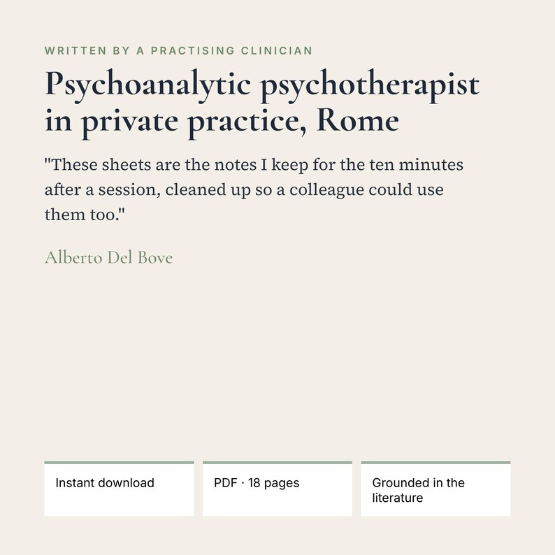 May include: A digital document titled Psychoanalytic psychotherapist in private practice, Rome, written by Alberto Del Bove. It includes a quote about session notes, an instant download label, a PDF 18 pages indicator, and Grounded in the literature.