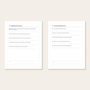 May include: Two white pages from a journal featuring black text. The left page is titled Establishing the practice with five questions. The right page is titled Countertransference log with five questions. Both pages include lined sections for notes.