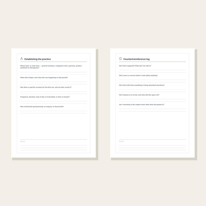 May include: Two white pages from a journal featuring black text. The left page is titled Establishing the practice with five questions. The right page is titled Countertransference log with five questions. Both pages include lined sections for notes.