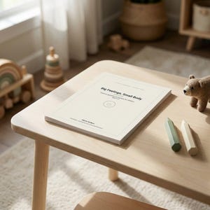 Pu&ograve; includere: Un libro con copertina flessibile intitolato Big Feelings, Small Body con copertina color crema, testo centrato e una piccola icona circolare. Il libro poggia su un tavolo in legno chiaro accanto a due pastelli e un piccolo orsetto di peluche.
