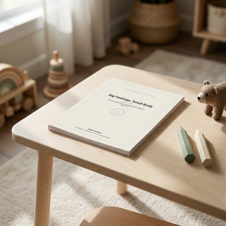 Pu&ograve; includere: Un libro con copertina flessibile intitolato Big Feelings, Small Body con copertina color crema, testo centrato e una piccola icona circolare. Il libro poggia su un tavolo in legno chiaro accanto a due pastelli e un piccolo orsetto di peluche.