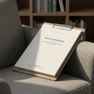 Puede incluir: Un portapapeles de madera con una pila de papel blanco con el t&iacute;tulo The First Ten Minutes, session openers and check-ins for adolescent therapy, ages 13-18, de Alberto Del Bove, con un peque&ntilde;o gr&aacute;fico triangular.