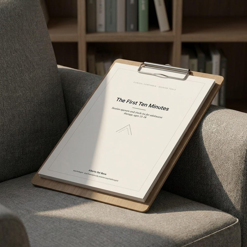 Puede incluir: Un portapapeles de madera con una pila de papel blanco con el t&iacute;tulo The First Ten Minutes, session openers and check-ins for adolescent therapy, ages 13-18, de Alberto Del Bove, con un peque&ntilde;o gr&aacute;fico triangular.
