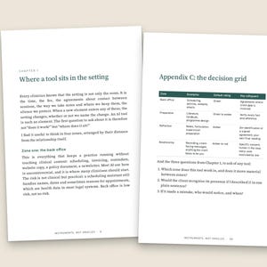 May include: Two open pages of a book titled Instruments, Not Oracles. The left page is titled Chapter 1: Where a tool sits in the setting. The right page features Appendix C: the decision grid, a table with columns for Zone, Examples, Default rating, and Key safeguard.