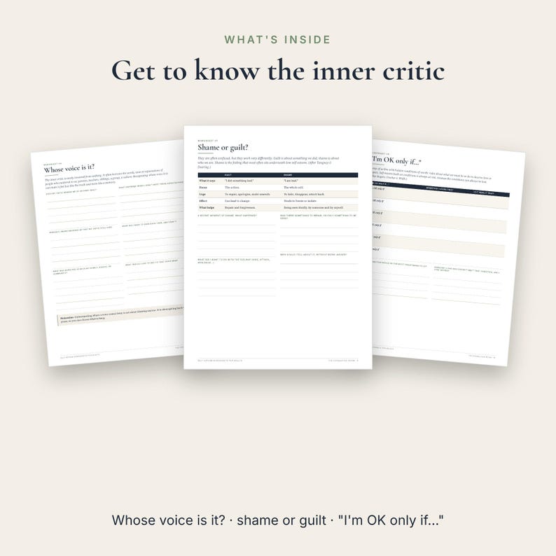 May include: Three white worksheets titled What's inside Get to know the inner critic. The pages feature text and blank lines for writing, with headings including Whose voice is it?, Shame or guilt?, and I'm OK only if...