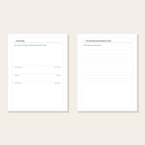 May include: Two white pages from a journal featuring black text and lines. The left page is titled In the body and includes prompts about physical states. The right page is titled The one that was hardest to mark and includes lines for writing.