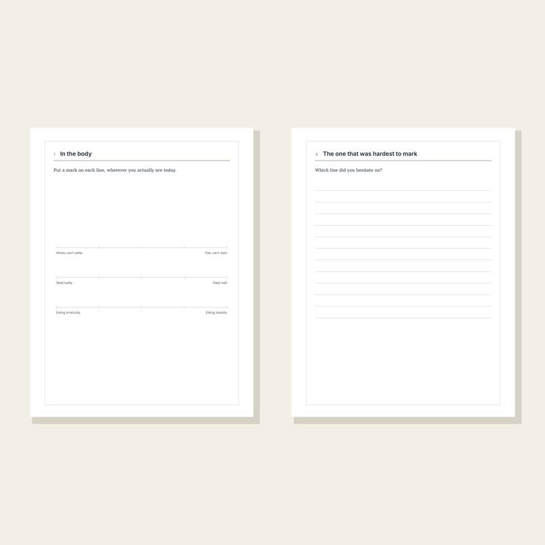 May include: Two white pages from a journal featuring black text and lines. The left page is titled In the body and includes prompts about physical states. The right page is titled The one that was hardest to mark and includes lines for writing.