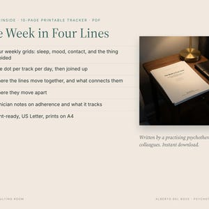 以下が含まれることがあります： The Week in Four Linesと題された10ページの印刷可能なPDFトラッカー。睡眠、気分、連絡先などの週間グリッドを含む6つの機能が記載されています。挿入された写真には、ランプとノートの横にある木製のテーブルの上に置かれた印刷済みの書類が写っています。