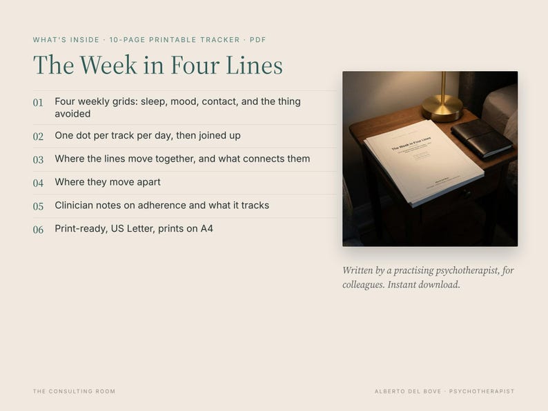 以下が含まれることがあります： The Week in Four Linesと題された10ページの印刷可能なPDFトラッカー。睡眠、気分、連絡先などの週間グリッドを含む6つの機能が記載されています。挿入された写真には、ランプとノートの横にある木製のテーブルの上に置かれた印刷済みの書類が写っています。