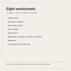 Pu&ograve; includere: Un set di otto schede didattiche intitolato Eight worksheets, composto da 11 pagine per bambini dai 6 agli 8 anni. Il testo elenca argomenti come Where it lives, How fast is it going, What made it start, Who noticed, The size of it e Afterwards.