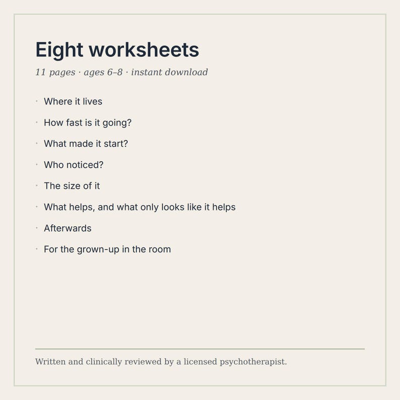 Pu&ograve; includere: Un set di otto schede didattiche intitolato Eight worksheets, composto da 11 pagine per bambini dai 6 agli 8 anni. Il testo elenca argomenti come Where it lives, How fast is it going, What made it start, Who noticed, The size of it e Afterwards.