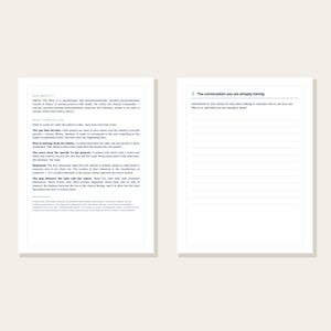 May include: Two white pages from a clinical workbook. The left page contains text titled Who Wrote It and What to Watch For. The right page features the heading 3 The conversation you are already having, followed by a prompt and lined writing space.