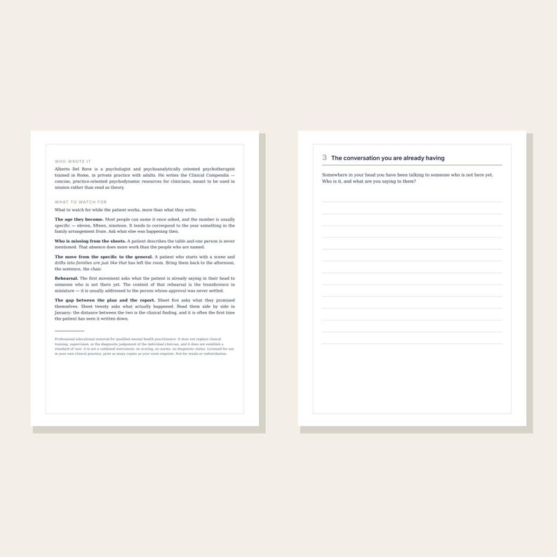 May include: Two white pages from a clinical workbook. The left page contains text titled Who Wrote It and What to Watch For. The right page features the heading 3 The conversation you are already having, followed by a prompt and lined writing space.