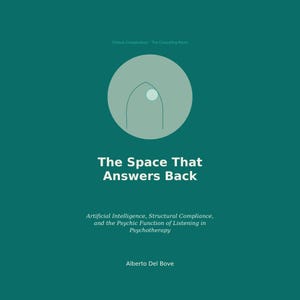 May include: A teal book cover titled The Space That Answers Back: Artificial Intelligence, Structural Compliance, and the Psychic Function of Listening in Psychotherapy by Alberto Del Bove, featuring a light green circle with a line drawing.