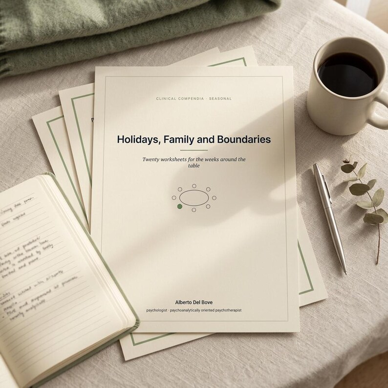 May include: A stack of off-white paper worksheets titled Holidays, Family and Boundaries by Alberto Del Bove. The cover features a minimalist oval table graphic with one green dot, black text, and a thin green border. A silver pen rests nearby.