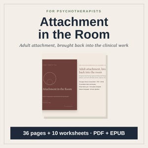 Peut inclure: Une ressource numérique intitulée Attachment in the Room pour psychothérapeutes, avec une couverture rouge foncé et un graphique circulaire. Le document comprend 36 pages, 10 fiches de travail, en formats PDF et EPUB pour le travail clinique.