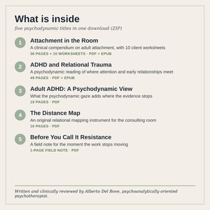 May include: A digital document list titled What is inside, featuring five psychodynamic titles in one ZIP download: Attachment in the Room, ADHD and Relational Trauma, Adult ADHD: A Psychodynamic View, The Distance Map, and Before You Call It Resistance.