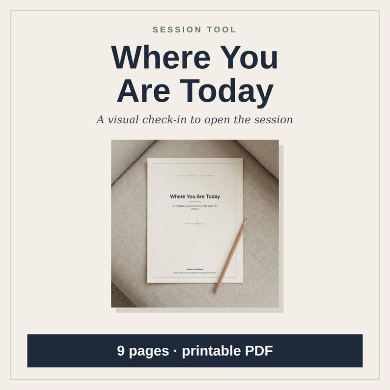 May include: A printable PDF session tool titled Where You Are Today, featuring a visual check-in document with a wooden pencil resting on the page. The document includes the text Where You Are Today and Alberto Del Bono.