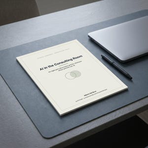 May include: A white document titled AI in the Consulting Room with the subtitle An eight-part observation grid for clinicians whose patients use AI, featuring a Venn diagram graphic and the author name Alberto Del Bove printed in black.