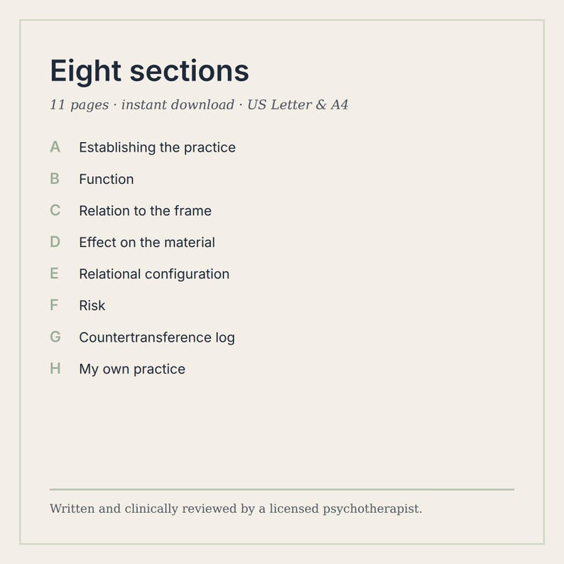 May include: A digital document titled Eight sections, containing 11 pages in US Letter and A4 formats. It lists eight topics: Establishing the practice, Function, Relation to the frame, Effect on the material, Relational configuration, Risk, Countertransference log, and My own practice. It is noted as written and clinically reviewed by a licensed psychotherapist.