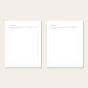 Pu&ograve; includere: Due pagine bianche di un quaderno di esercizi con testo nero e riquadri rettangolari per il disegno. La pagina sinistra &egrave; intitolata 1 Where it lives, quella destra 5 The size of it, entrambe con istruzioni e righe per scrivere.