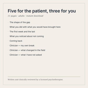 K&ouml;nnte beinhalten: Ein digitales Dokument mit dem Titel Five for the patient, three for you, das 11 Seiten f&uuml;r Erwachsene umfasst. Der Text listet Themen auf, darunter The shape of the gap, What you did with what you would have brought here, The first week and the last, What you noticed about not coming, Coming back und drei Clinician-Abschnitte.