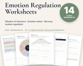 May include: A set of 14 printable emotion regulation worksheets featuring a dark blue title, a green circle badge, and five document pages displaying charts, a wave diagram, and lined sections for writing notes on nervous system regulation.