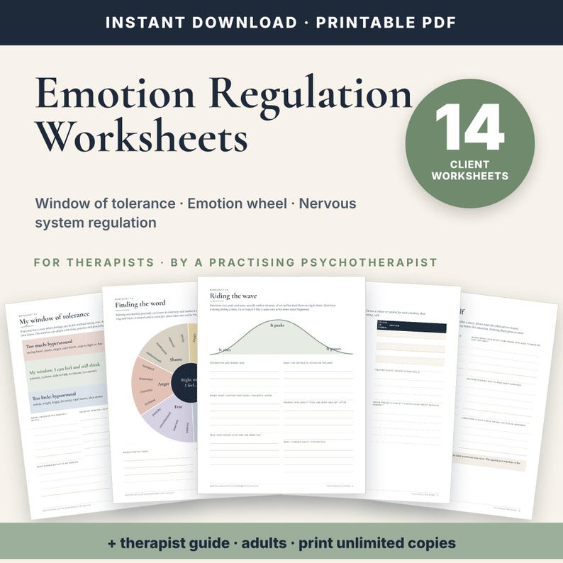 Puede incluir: Un conjunto de 14 hojas de trabajo imprimibles sobre regulaci&oacute;n emocional con un t&iacute;tulo azul oscuro, una insignia circular verde y cinco p&aacute;ginas de documentos que muestran gr&aacute;ficos, un diagrama de ondas y secciones con l&iacute;neas.