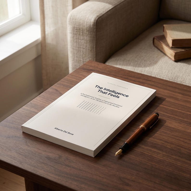May include: A white paperback book titled The Intelligence That Feels by Alberto Del Bove with a subtitle about psychodynamic bonding, accompanied by a brown fountain pen with gold accents resting on a dark wood surface.