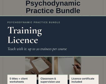 May include: A digital product flyer titled The Consulting Room Psychodynamic Practice Bundle Training Licence. It features text stating Teach with it: up to 20 trainees per course, 5 titles + client worksheets, and Licence certificate included.