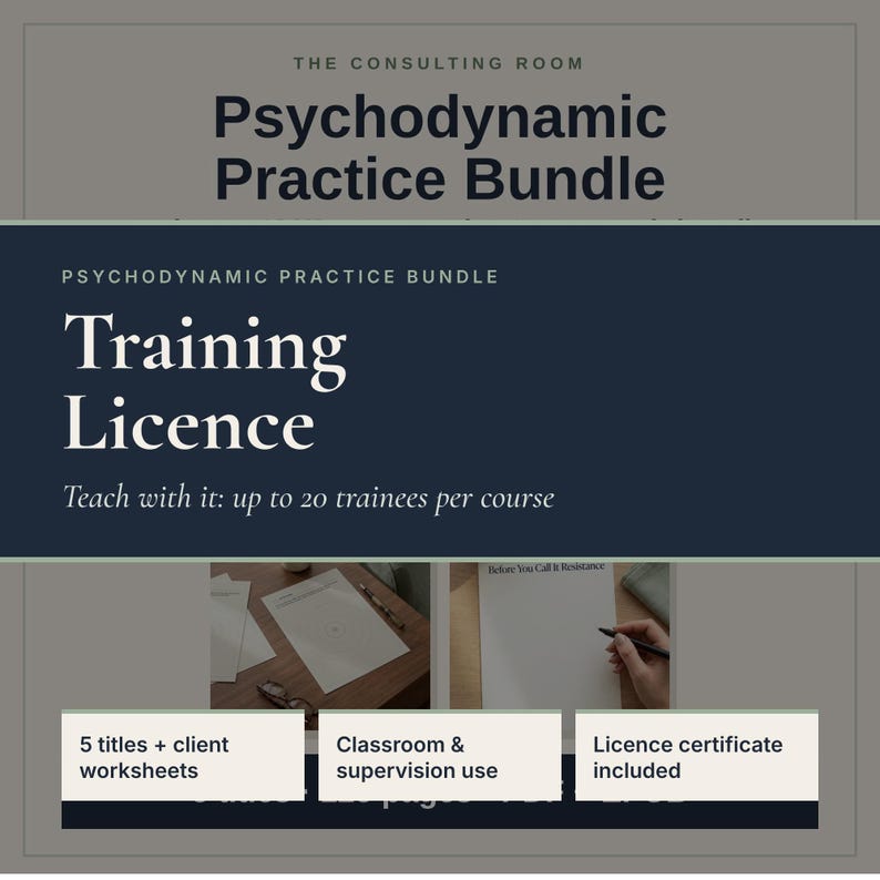 K&ouml;nnte beinhalten: Ein digitaler Produktflyer mit dem Titel The Consulting Room Psychodynamic Practice Bundle Training Licence. Er enth&auml;lt den Text Teach with it: up to 20 trainees per course, 5 titles + client worksheets und Licence certificate included.
