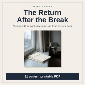 K&ouml;nnte beinhalten: Ein Stapel cremefarbener Arbeitsbl&auml;tter mit dem Titel The Return After the Break, pr&auml;sentiert als 11-seitiges druckbares PDF. Der Text steht auf hellem Hintergrund mit dunkelblauen &Uuml;berschriften und einem zentralen Bild.
