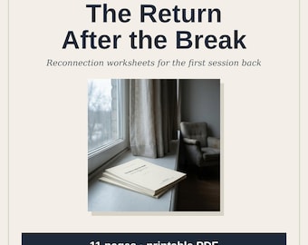 May include: A stack of cream-colored worksheets titled The Return After the Break, presented as an 11-page printable PDF. The text is displayed on a light background with dark blue headings and a central image of a window and chair.