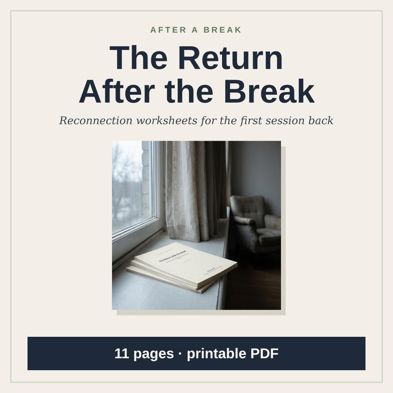 K&ouml;nnte beinhalten: Ein Stapel cremefarbener Arbeitsbl&auml;tter mit dem Titel The Return After the Break, pr&auml;sentiert als 11-seitiges druckbares PDF. Der Text steht auf hellem Hintergrund mit dunkelblauen &Uuml;berschriften und einem zentralen Bild.