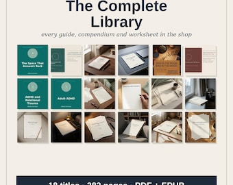 Könnte beinhalten: Eine digitale Sammlung mit dem Titel The Consulting Room: The Complete Library, bestehend aus 18 Titeln, 382 Seiten, in PDF- und EPUB-Formaten. Das Bild zeigt verschiedene Dokumentencover und Arbeitsblätter mit Titeln wie The Space That Answers Back, ADHD and Relational Trauma und Bias in the Room.