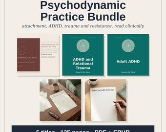Könnte beinhalten: Ein digitales Paket mit dem Titel Psychodynamic Practice Bundle mit fünf Titeln, 125 Seiten in PDF- und EPUB-Formaten. Enthält Dokumente zu Bindung, ADHS, Trauma und Widerstand mit Cover-Grafiken in Dunkelrot und Petrolgrün.